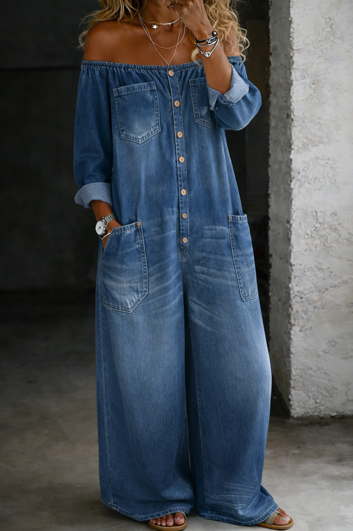 Stevie | Women's Denim Off-Shoulder Wide-Leg Jumpsuit