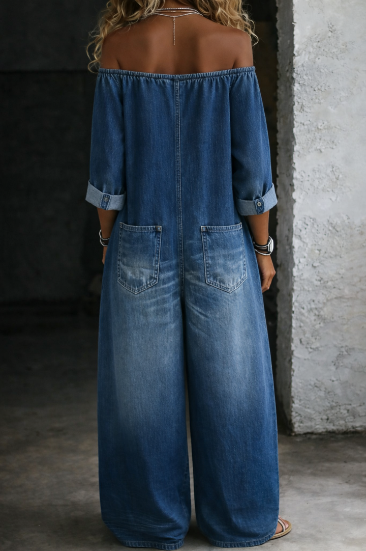 Stevie | Women's Denim Off-Shoulder Wide-Leg Jumpsuit