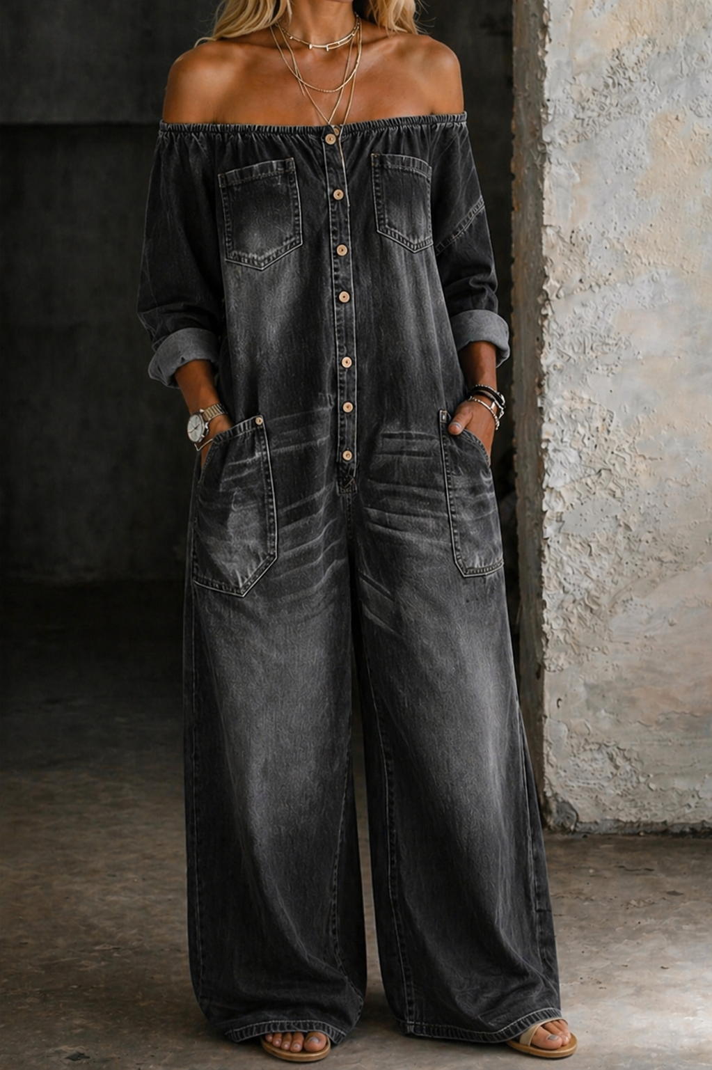 Stevie | Women's Denim Off-Shoulder Wide-Leg Jumpsuit