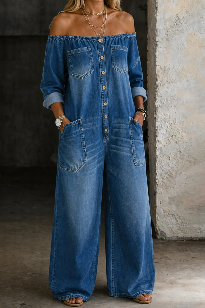 Stevie | Women's Denim Off-Shoulder Wide-Leg Jumpsuit