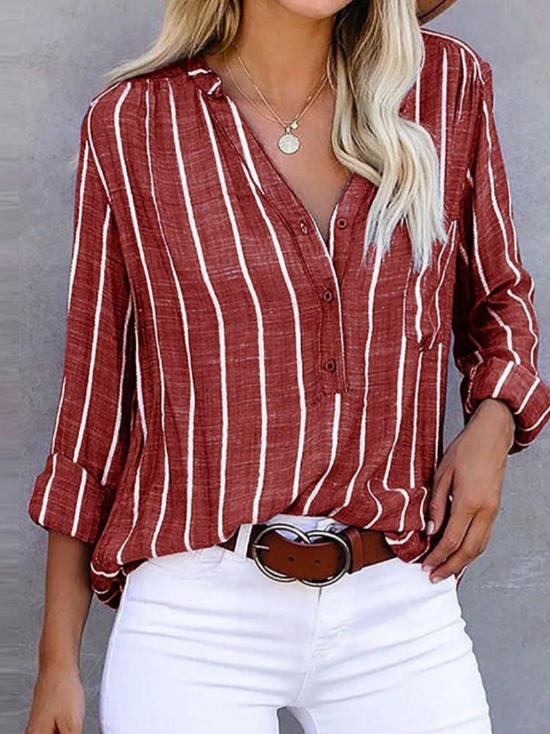 Stirling | Women's Linen Stripe V-Neck Roll-Sleeve Button Blouse