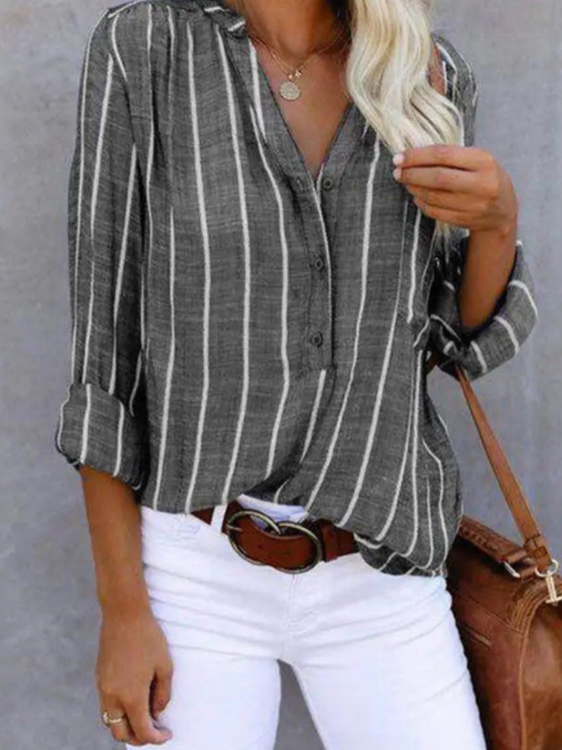 Stirling | Women's Linen Stripe V-Neck Roll-Sleeve Button Blouse