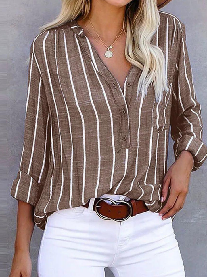 Stirling | Women's Linen Stripe V-Neck Roll-Sleeve Button Blouse
