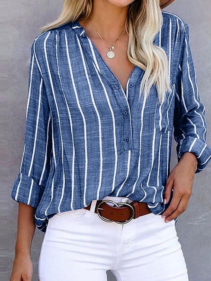 Stirling | Women's Linen Stripe V-Neck Roll-Sleeve Button Blouse