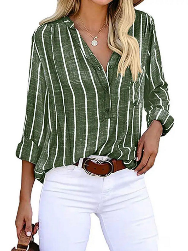 Stirling | Women's Linen Stripe V-Neck Roll-Sleeve Button Blouse