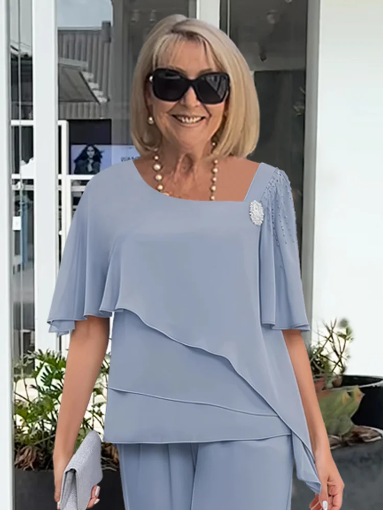 Sutton | Women's Chiffon Layered Top & Wide-Leg Trouser Set