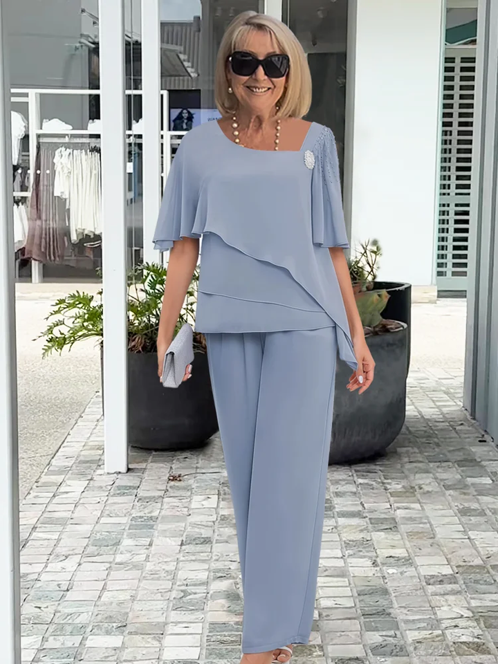 Sutton | Women's Chiffon Layered Top & Wide-Leg Trouser Set
