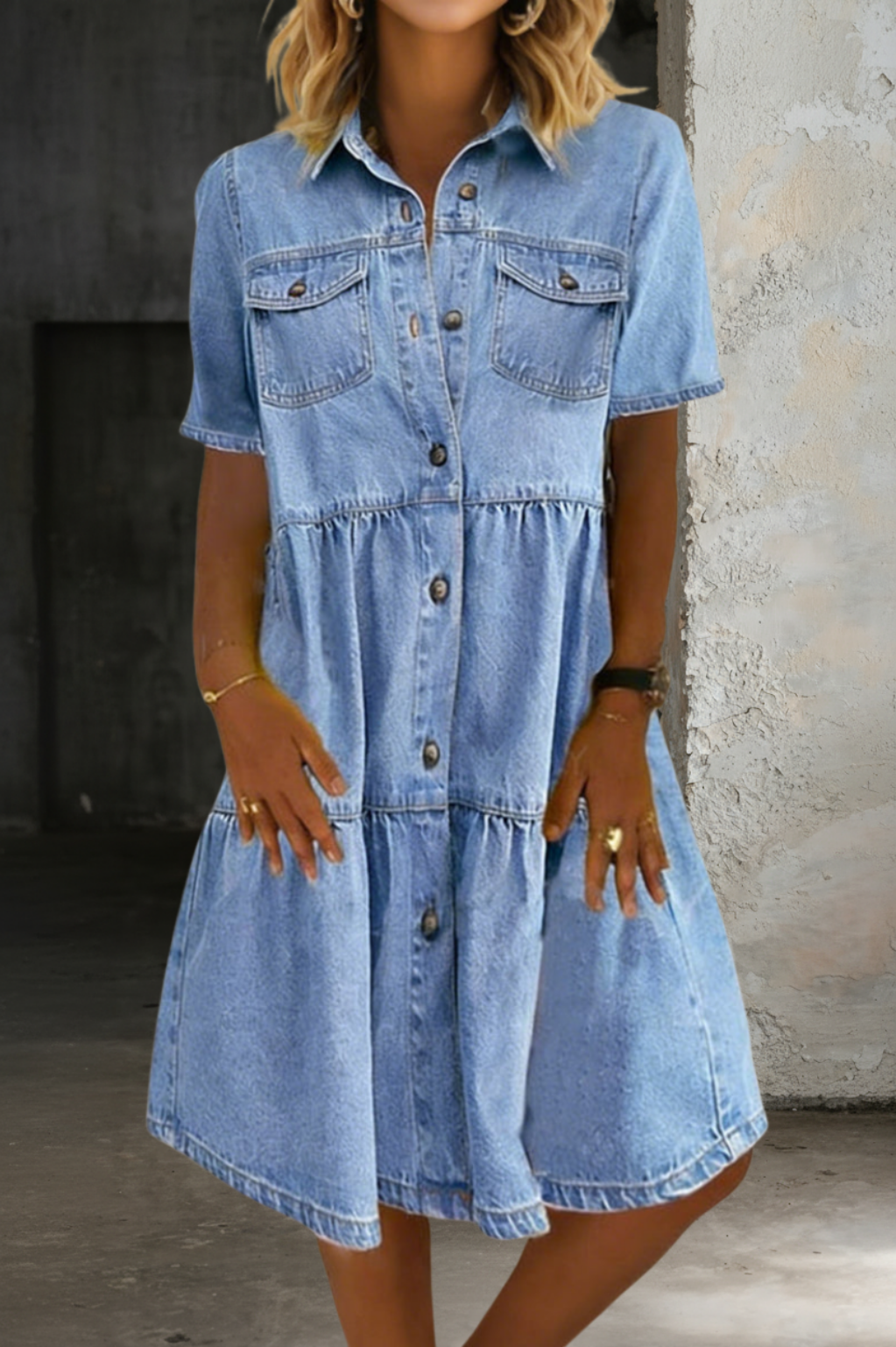 Sutton | Women's Denim Tiered Button-Down Shirt Dress