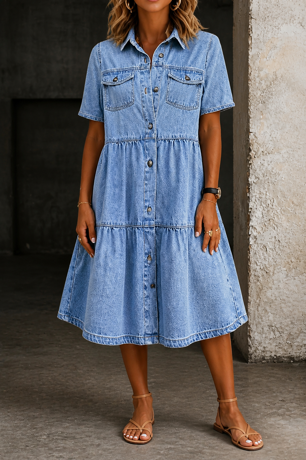 Sutton | Women's Denim Tiered Button-Down Shirt Dress
