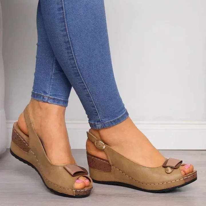 Sutton | Women's Leather Peep-Toe Slingback Wedge Sandals