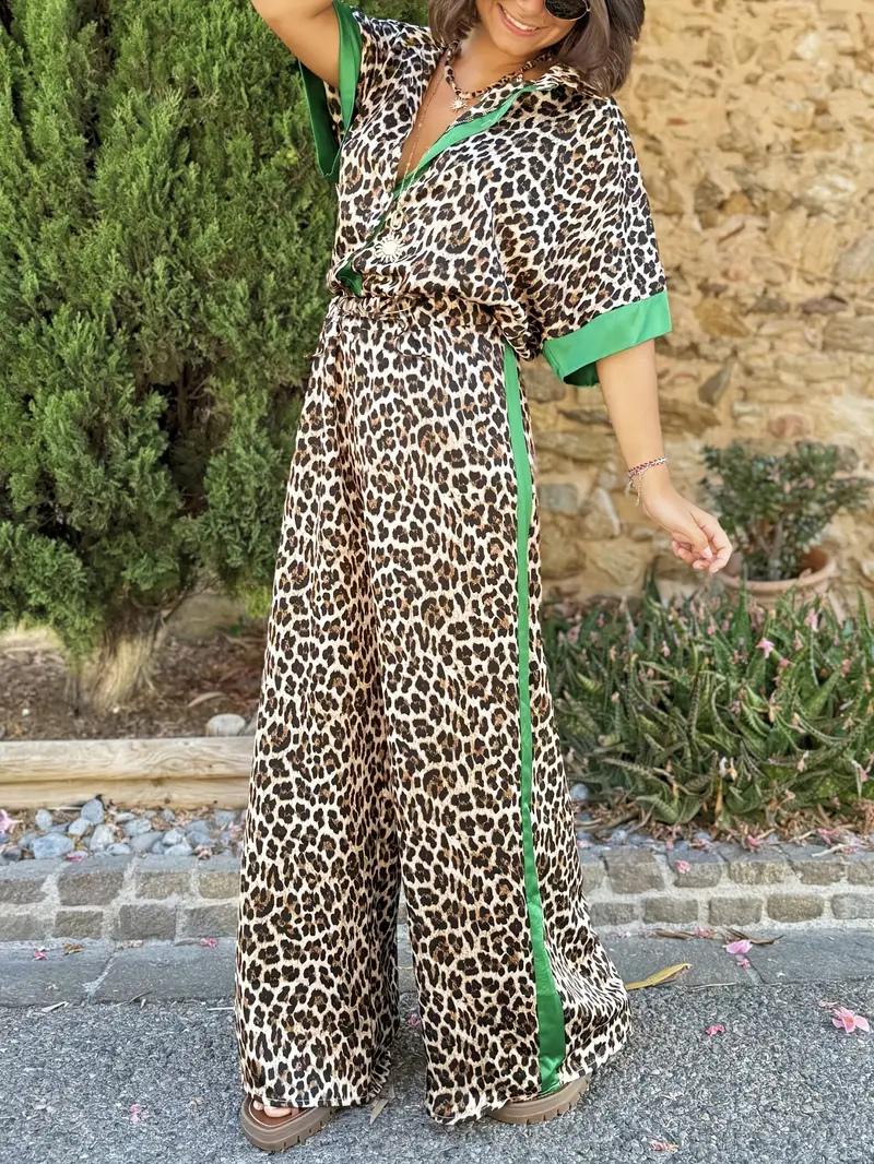 Sutton | Women's Satin Leopard Print Wide-Leg Jumpsuit