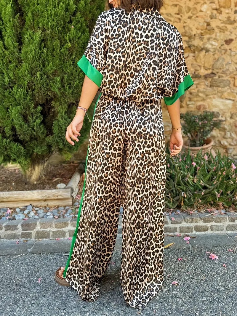 Sutton | Women's Satin Leopard Print Wide-Leg Jumpsuit