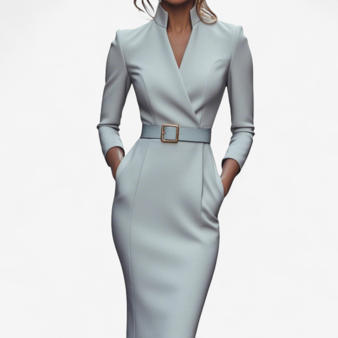 Sutton | Women's Stretch Belted V-Neck Pencil Dress Elegant