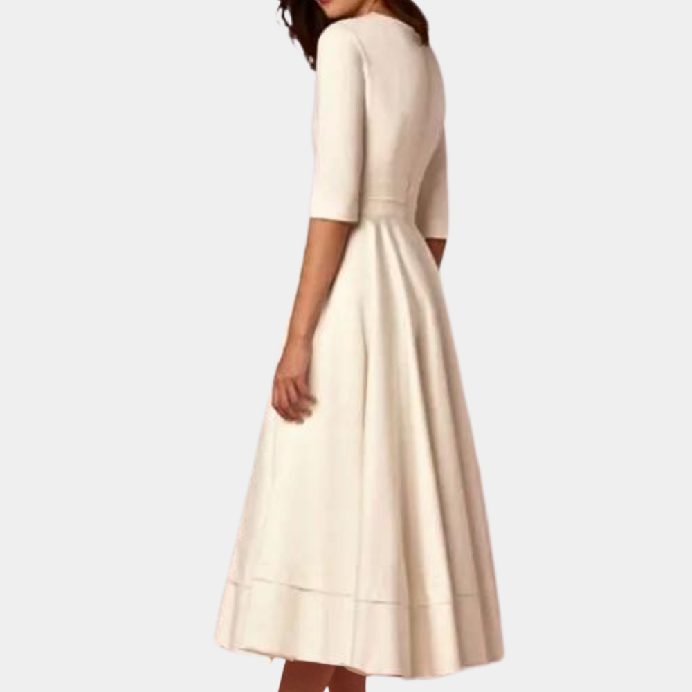 Sutton | Women's Stretch Deep V-Neck Full Skirt Midi Dress Elegant