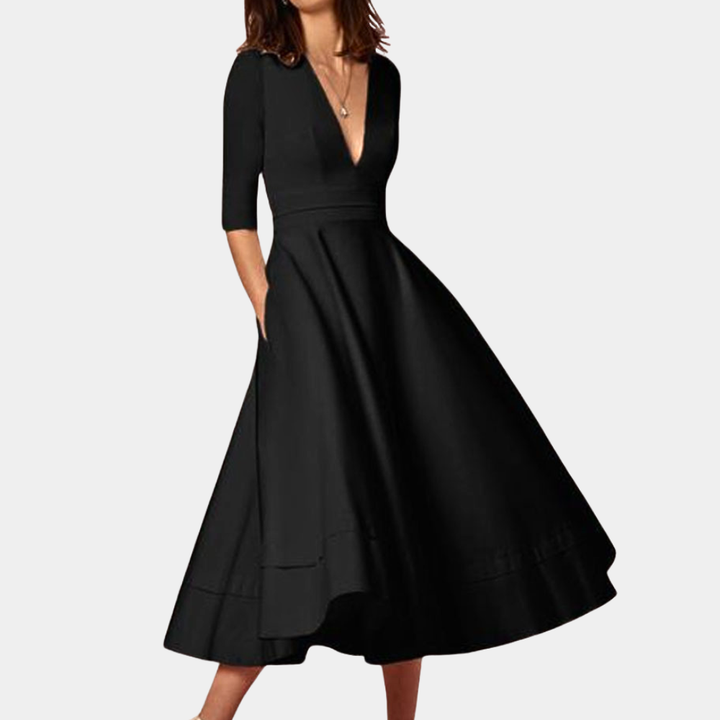 Sutton | Women's Stretch Deep V-Neck Full Skirt Midi Dress Elegant