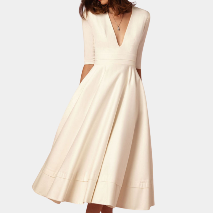 Sutton | Women's Stretch Deep V-Neck Full Skirt Midi Dress Elegant