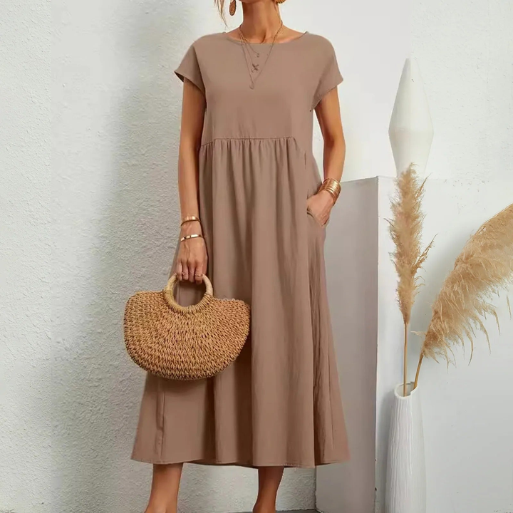 Sylvie | Women's Linen Cap-Sleeve Gathered Midi Dress