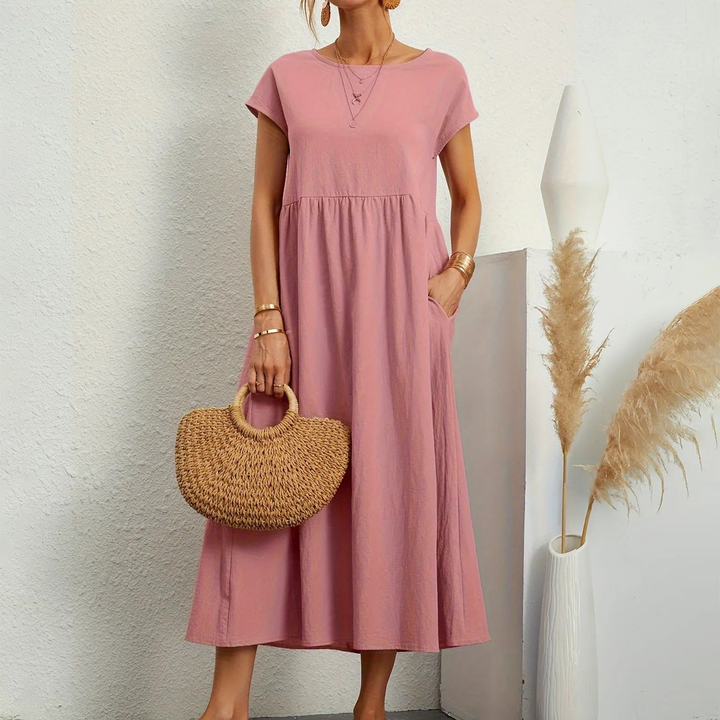 Sylvie | Women's Linen Cap-Sleeve Gathered Midi Dress