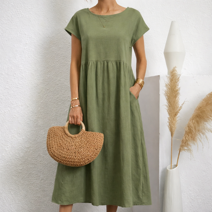 Sylvie | Women's Linen Cap-Sleeve Gathered Midi Dress