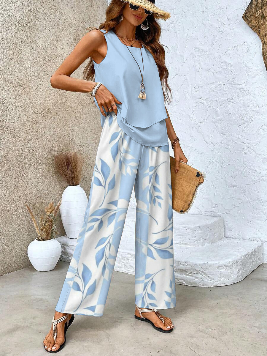 Talia | Women's Chiffon Sleeveless Layered Top & Wide-Leg Set