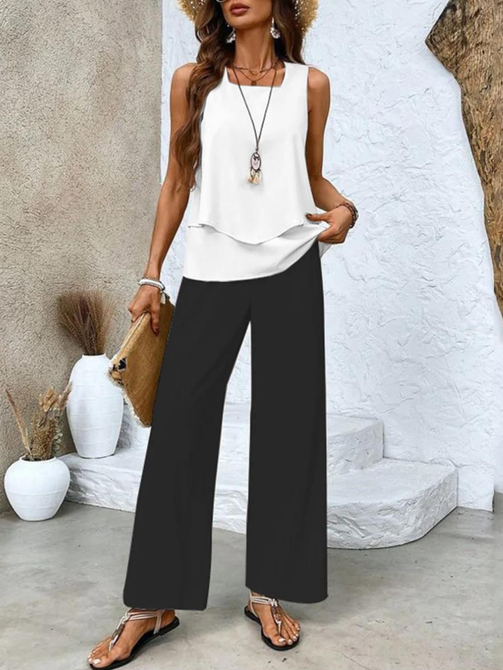 Talia | Women's Chiffon Sleeveless Layered Top & Wide-Leg Set