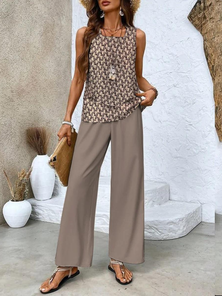 Talia | Women's Chiffon Sleeveless Layered Top & Wide-Leg Set