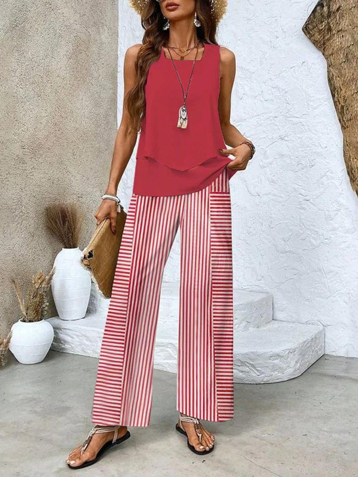 Talia | Women's Chiffon Sleeveless Layered Top & Wide-Leg Set