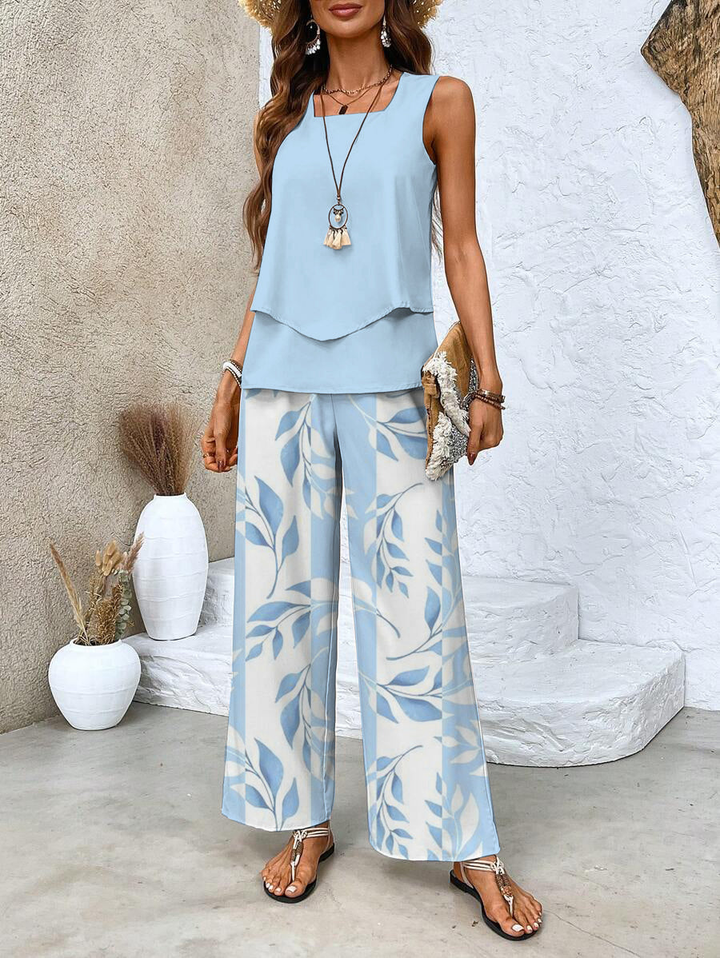 Talia | Women's Chiffon Sleeveless Layered Top & Wide-Leg Set
