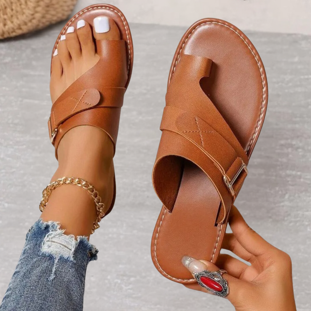 Talise | Women's Leather Toe-Ring Buckle Flat Slide Sandals