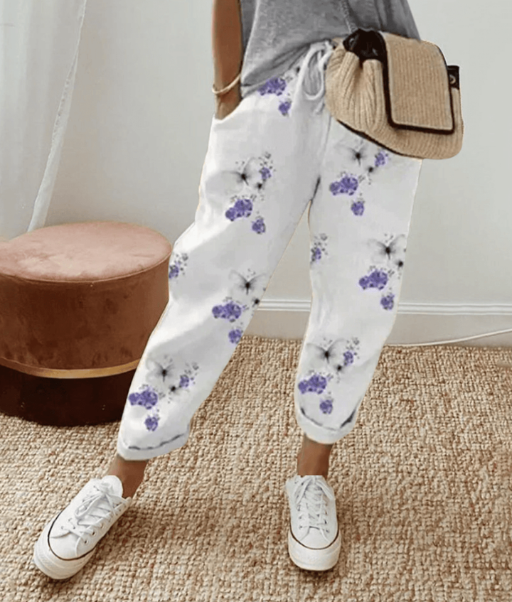 Tamsin | Women's Linen Abstract Print Tapered Trousers