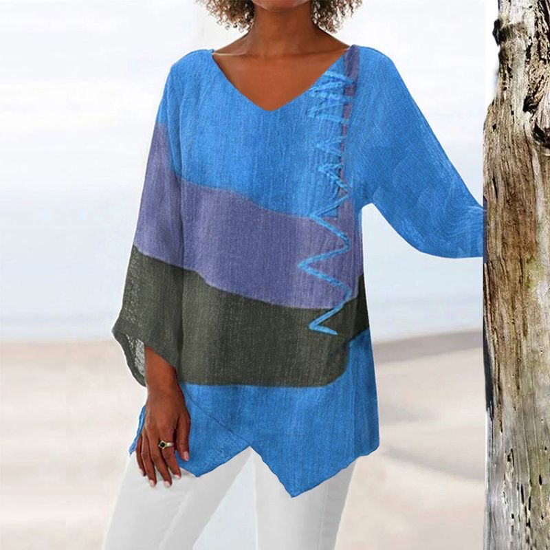 Tamsin | Women's Linen Color Block Oversized V-Neck Tunic Top
