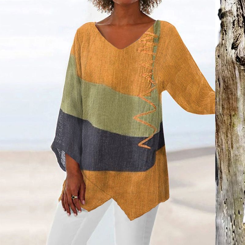 Tamsin | Women's Linen Color Block Oversized V-Neck Tunic Top