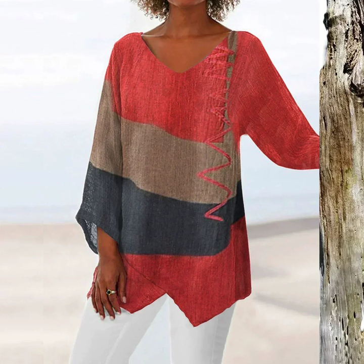 Tamsin | Women's Linen Color Block Oversized V-Neck Tunic Top