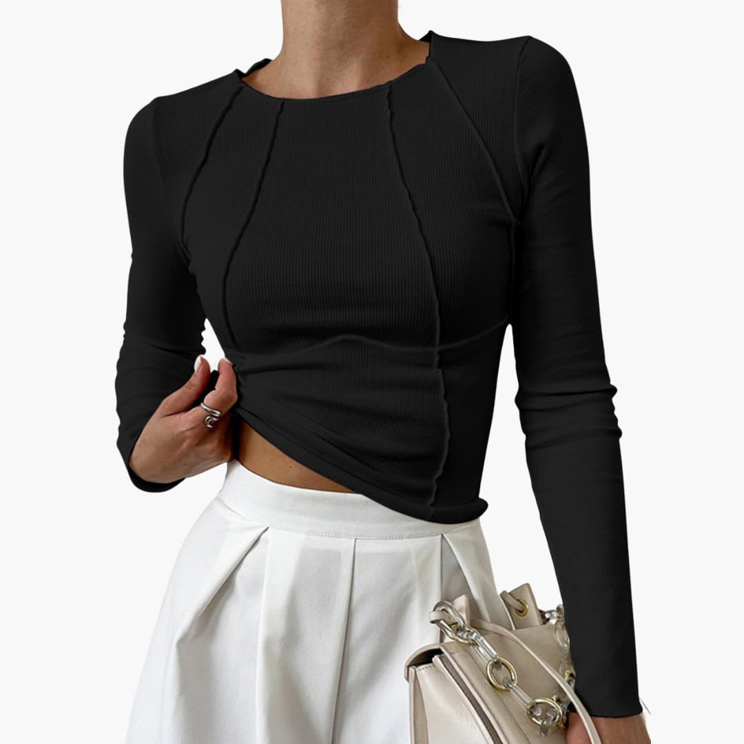 Tessa | Women's Cotton Ribbed Seam-Detail Fitted Long-Sleeve Top