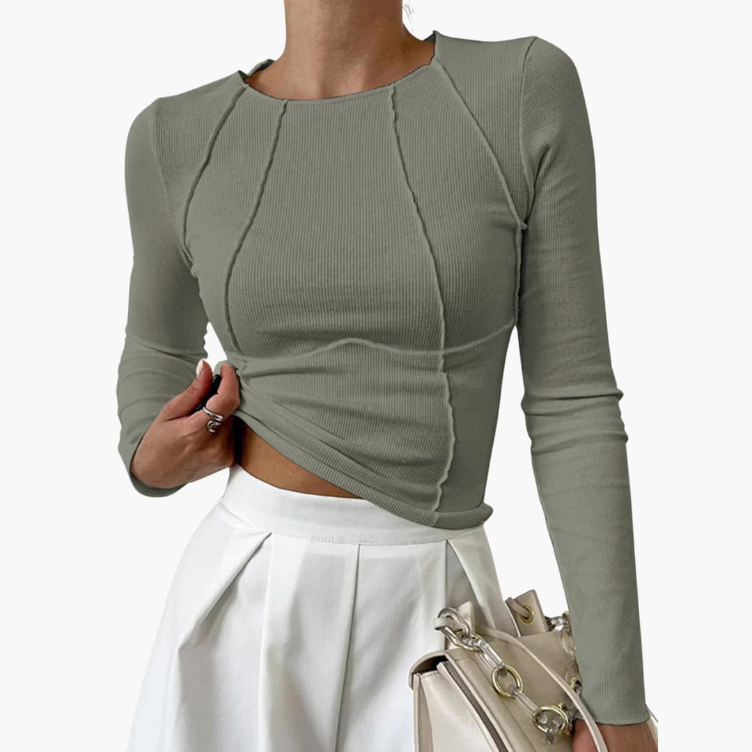 Tessa | Women's Cotton Ribbed Seam-Detail Fitted Long-Sleeve Top