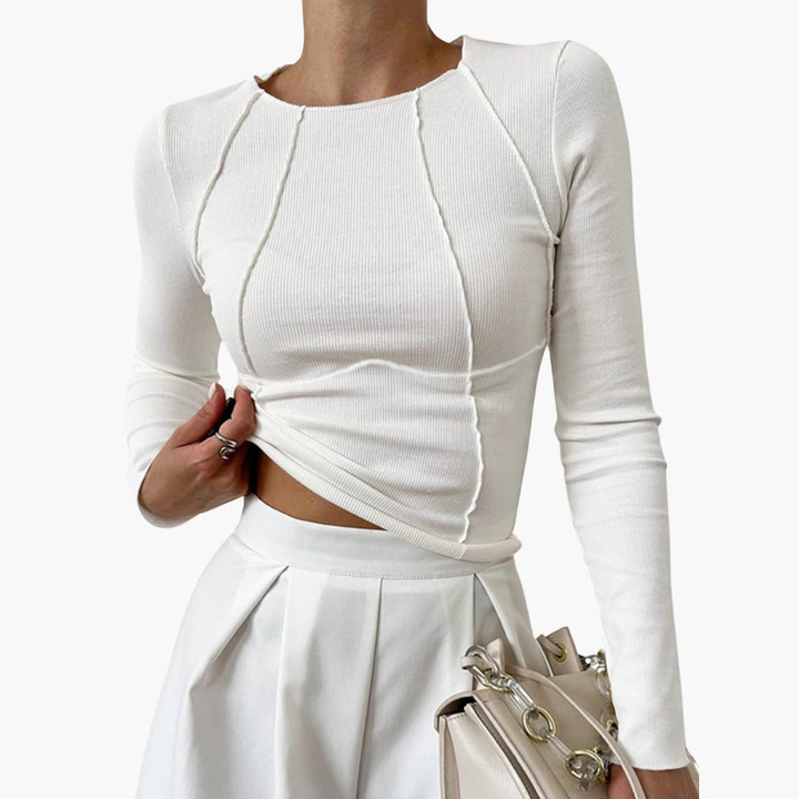 Tessa | Women's Cotton Ribbed Seam-Detail Fitted Long-Sleeve Top