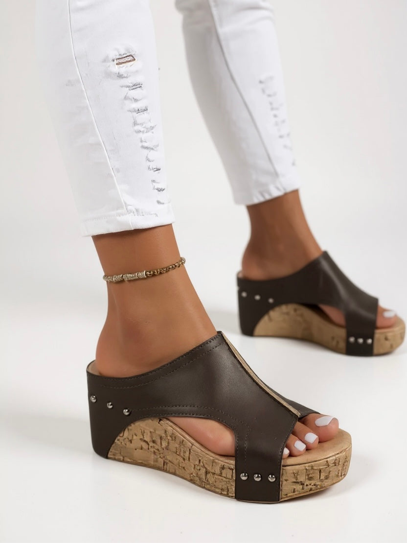 Tessa | Women's Leather Cork Wedge Slide Sandals