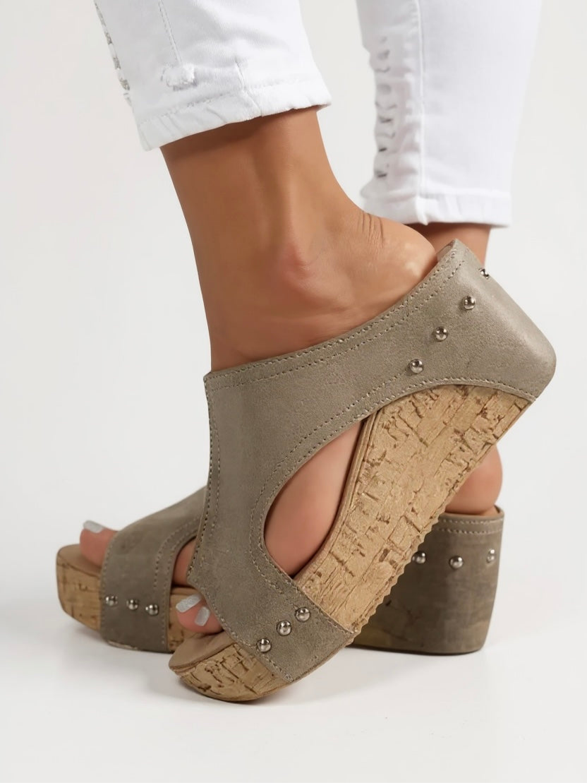 Tessa | Women's Leather Cork Wedge Slide Sandals