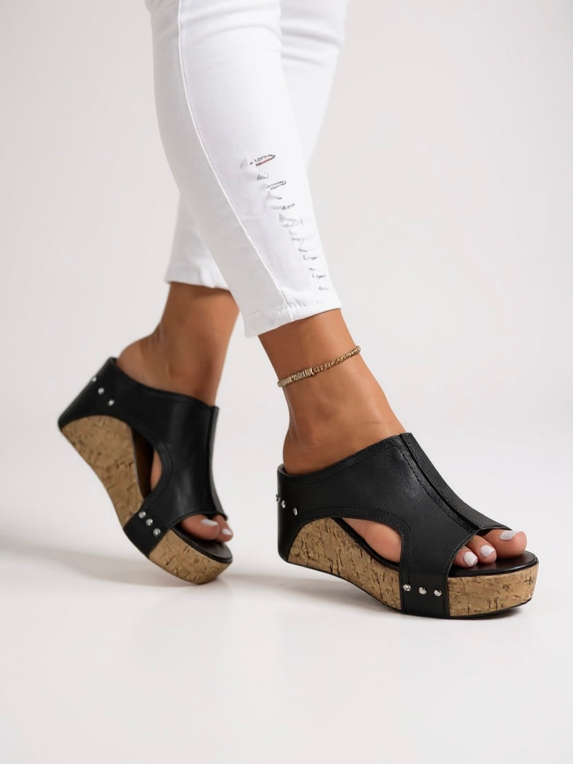 Tessa | Women's Leather Cork Wedge Slide Sandals