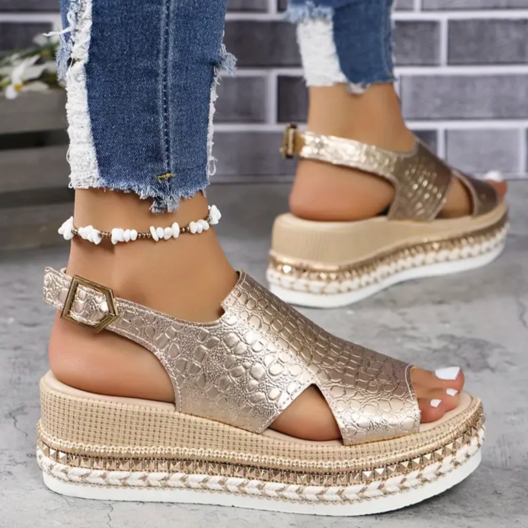 Thalia | Women's Leather Croc-Embossed Espadrille Flatform Sandals