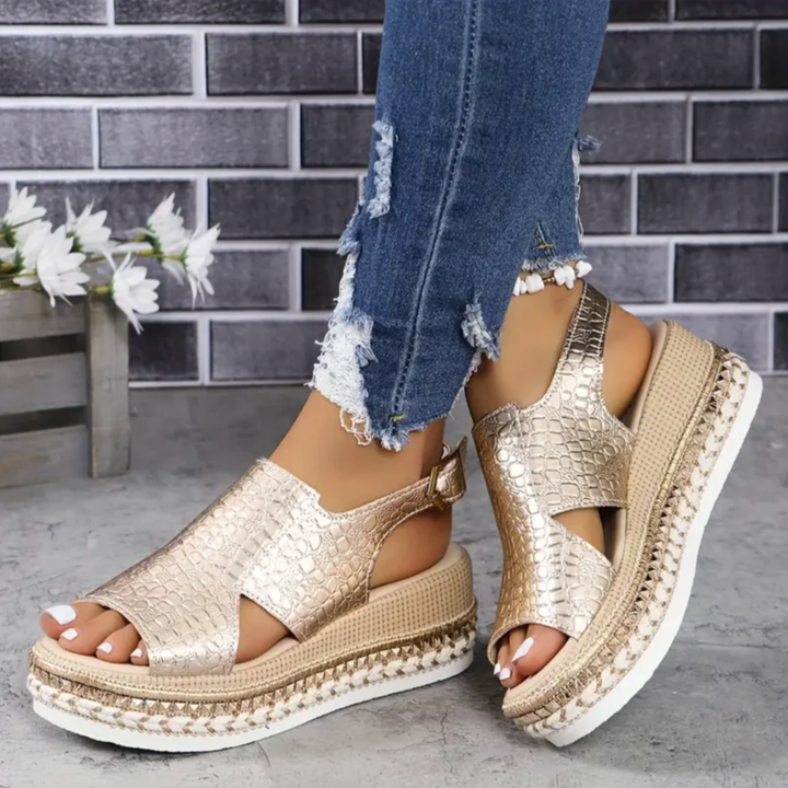 Thalia | Women's Leather Croc-Embossed Espadrille Flatform Sandals