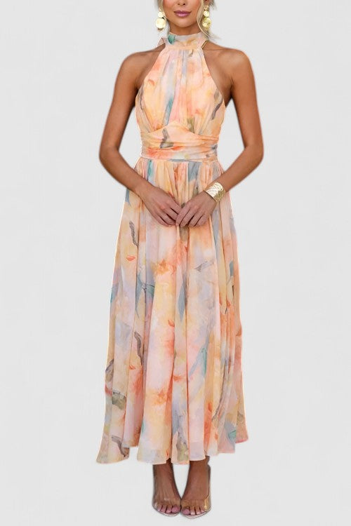 Liora's Soft Radiance | Watercolor Halter Maxi Dress