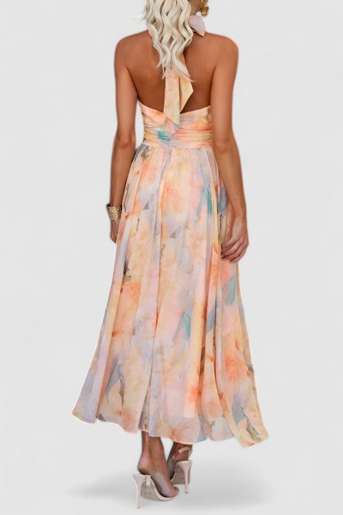 Liora's Soft Radiance | Watercolor Halter Maxi Dress