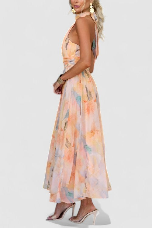 Liora's Soft Radiance | Watercolor Halter Maxi Dress