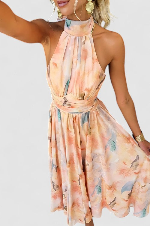 Liora's Soft Radiance | Watercolor Halter Maxi Dress