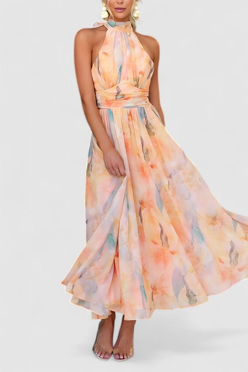Liora's Soft Radiance | Watercolor Halter Maxi Dress