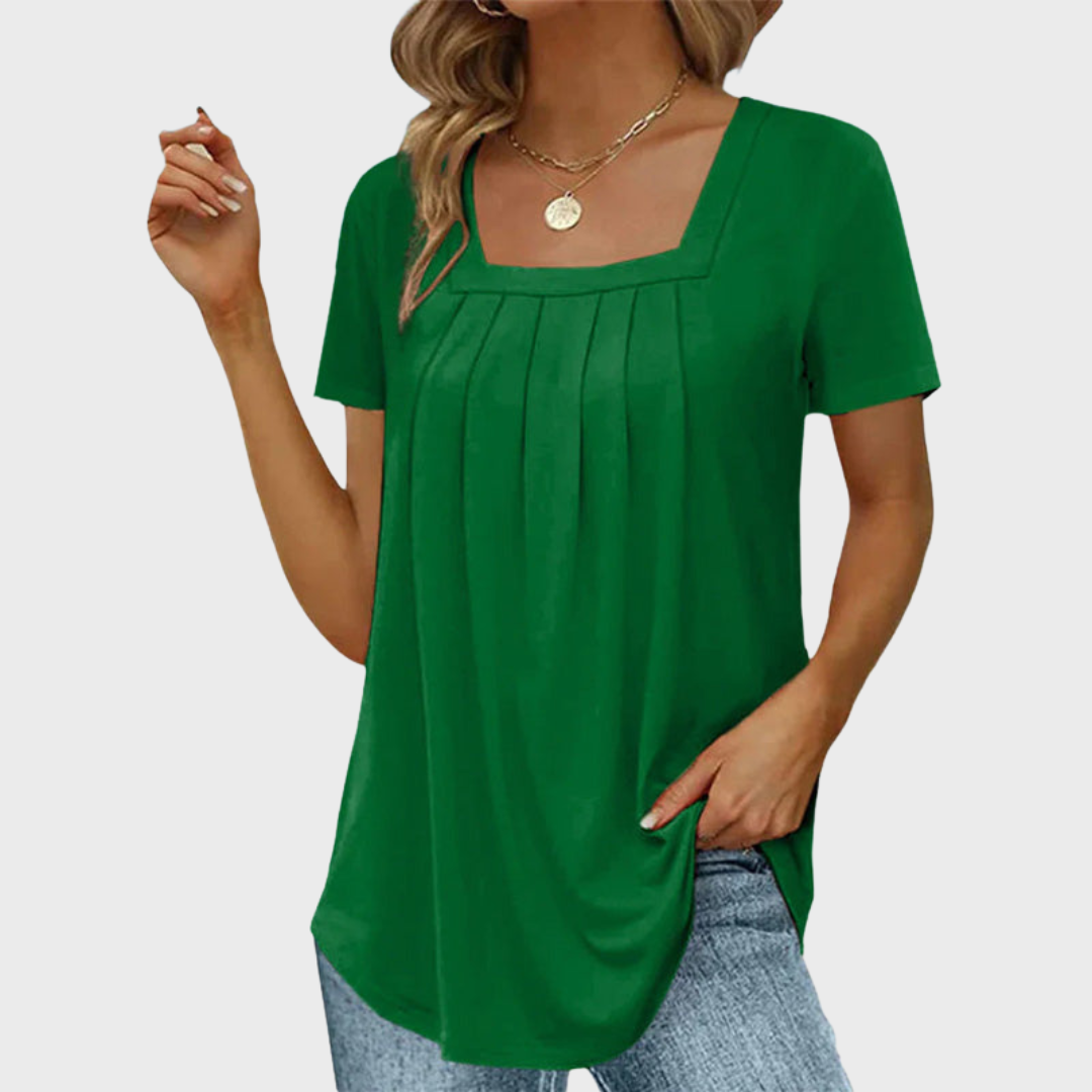 Thea | Women's Cotton Square-Neck Pleated Short Sleeve Top