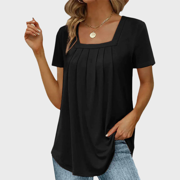 Thea | Women's Cotton Square-Neck Pleated Short Sleeve Top