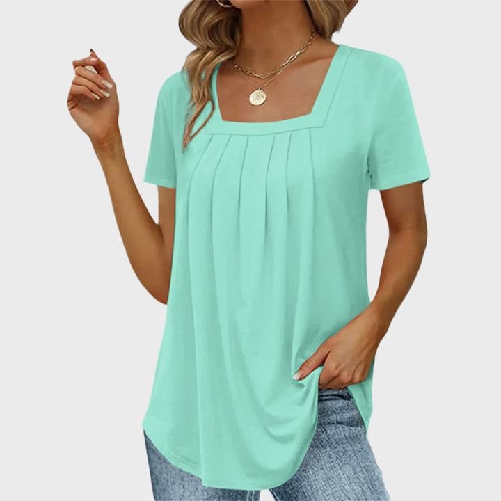 Thea | Women's Cotton Square-Neck Pleated Short Sleeve Top