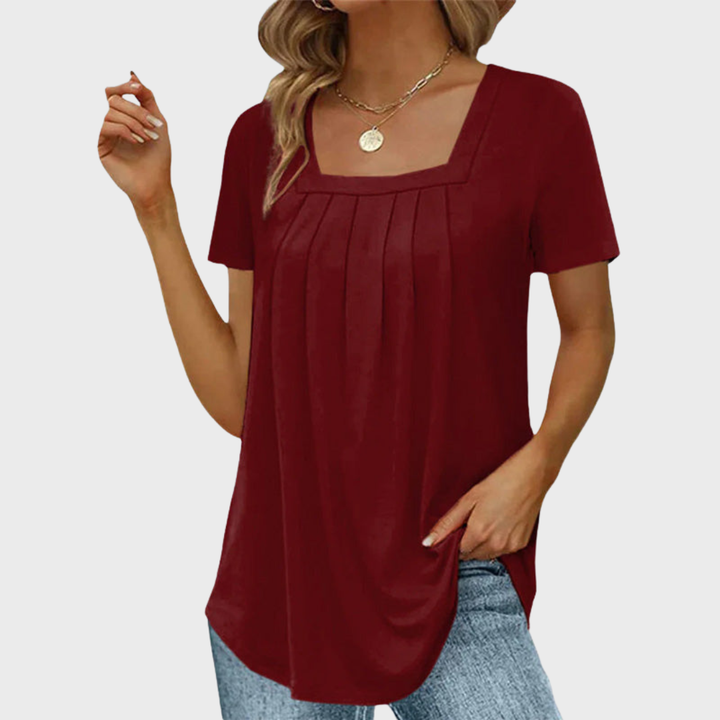 Thea | Women's Cotton Square-Neck Pleated Short Sleeve Top